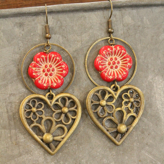 Blooming Flowers & Dropping Hearts Red Czech Earrings