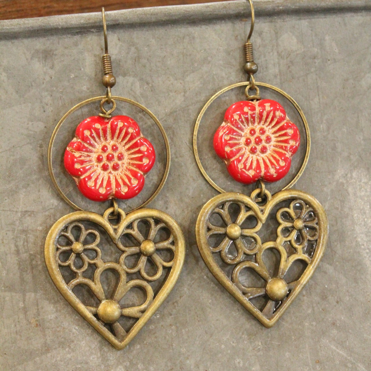 Blooming Flowers & Dropping Hearts Red Czech Earrings