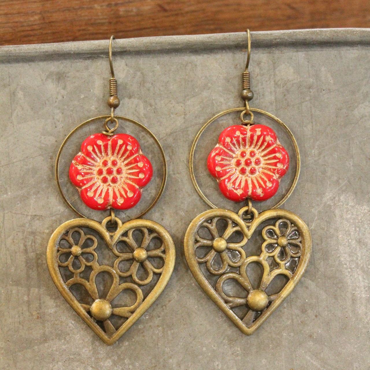 Blooming Flowers & Dropping Hearts Red Czech Earrings