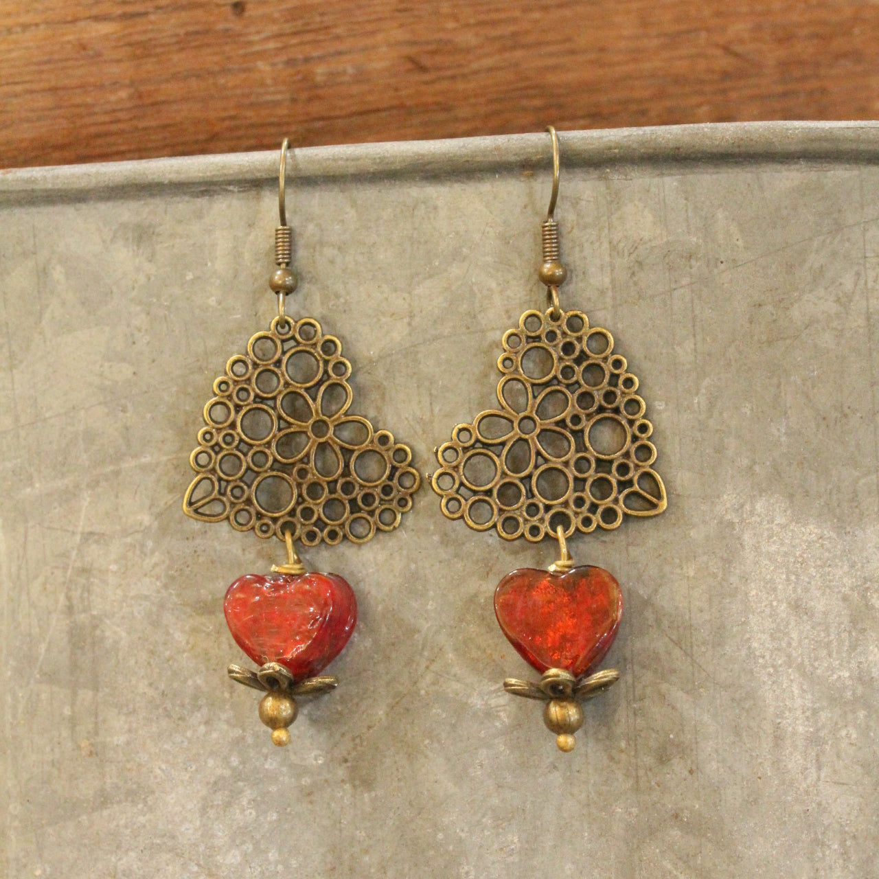 Filigree Hearts & Red Czech Earrings