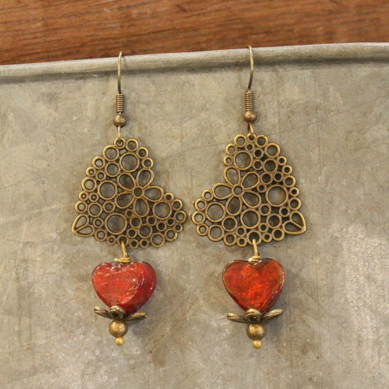 Filigree Hearts & Red Czech Earrings