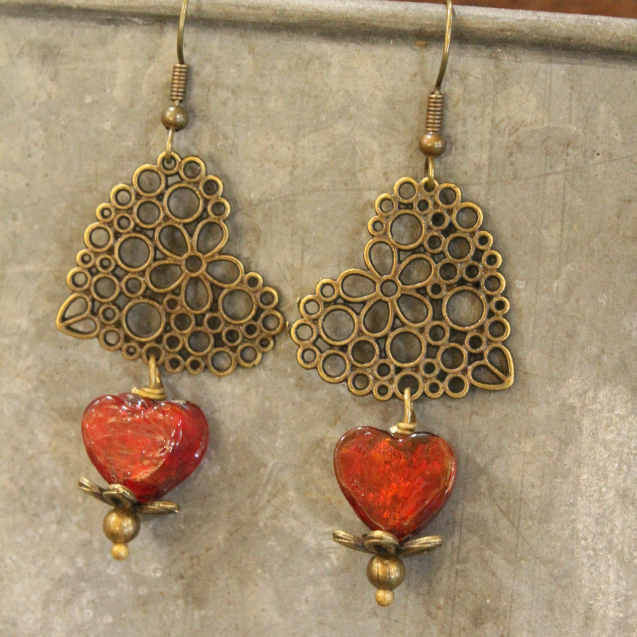 Filigree Hearts & Red Czech Earrings