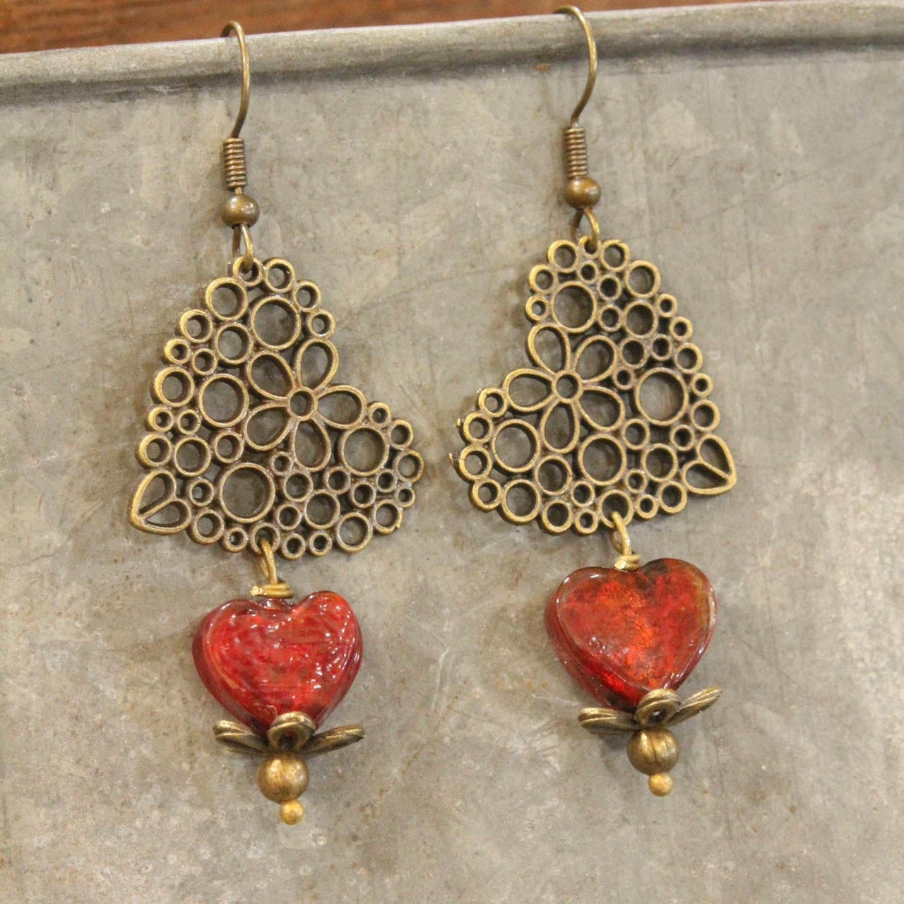 Filigree Hearts & Red Czech Earrings