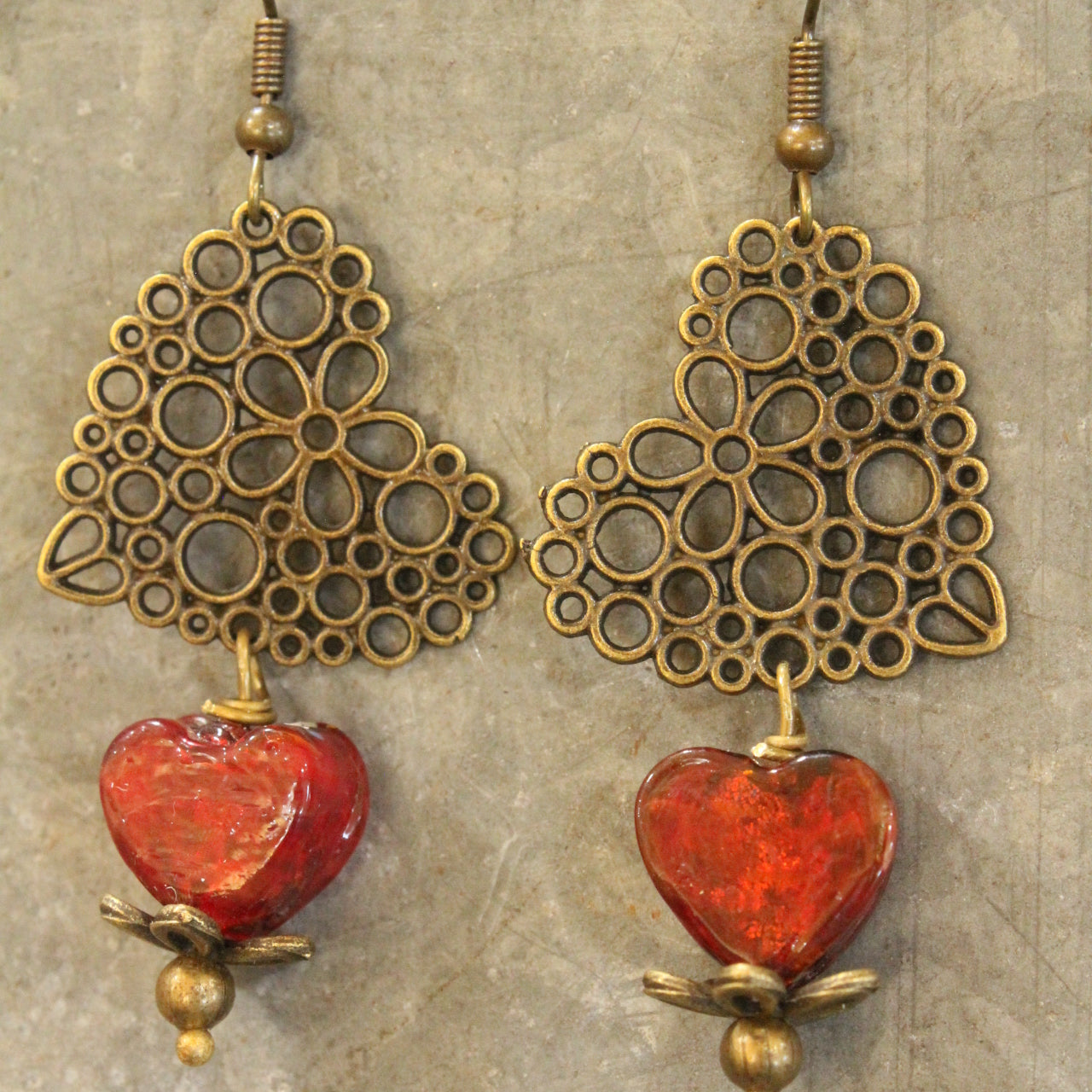 Filigree Hearts & Red Czech Earrings