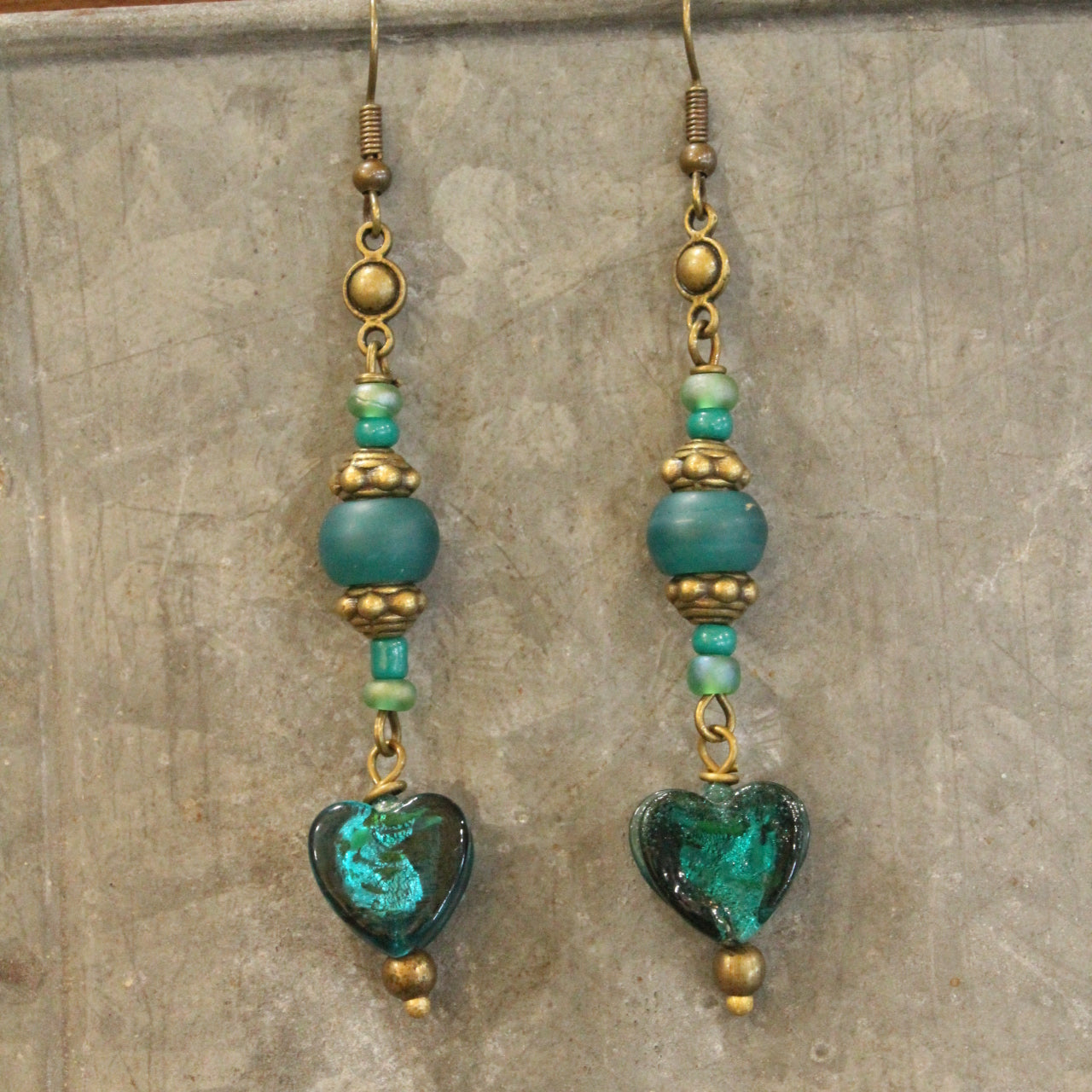 Vintage Glass Teal Heart Dangle Earrings