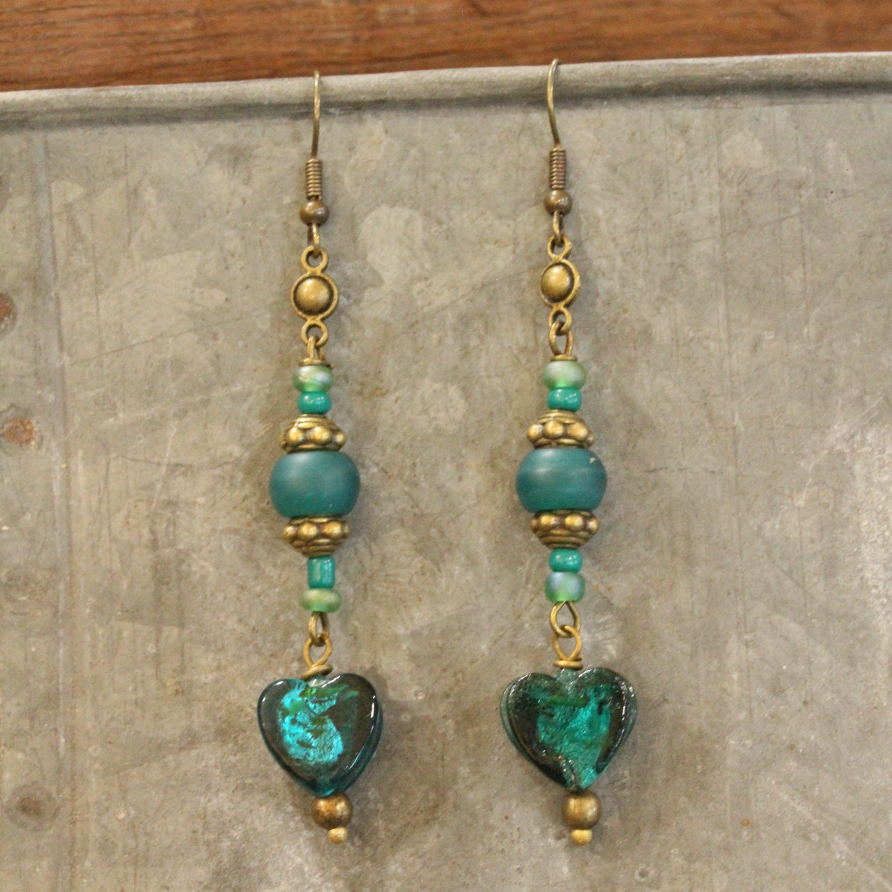 Vintage Glass Teal Heart Dangle Earrings