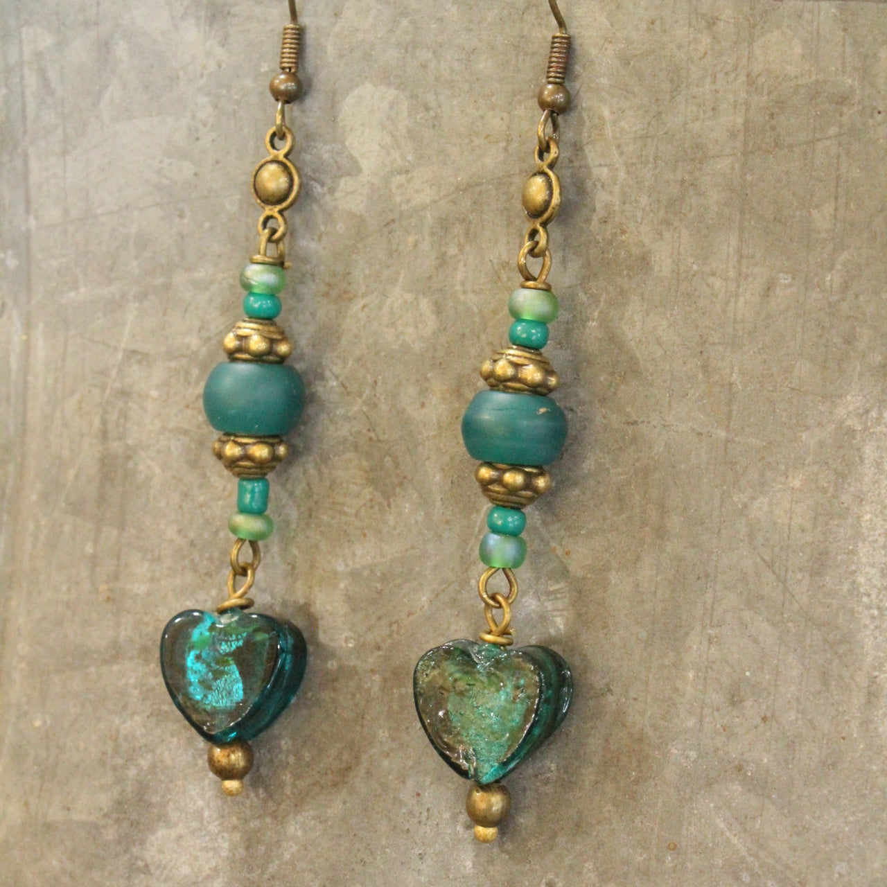 Vintage Glass Teal Heart Dangle Earrings