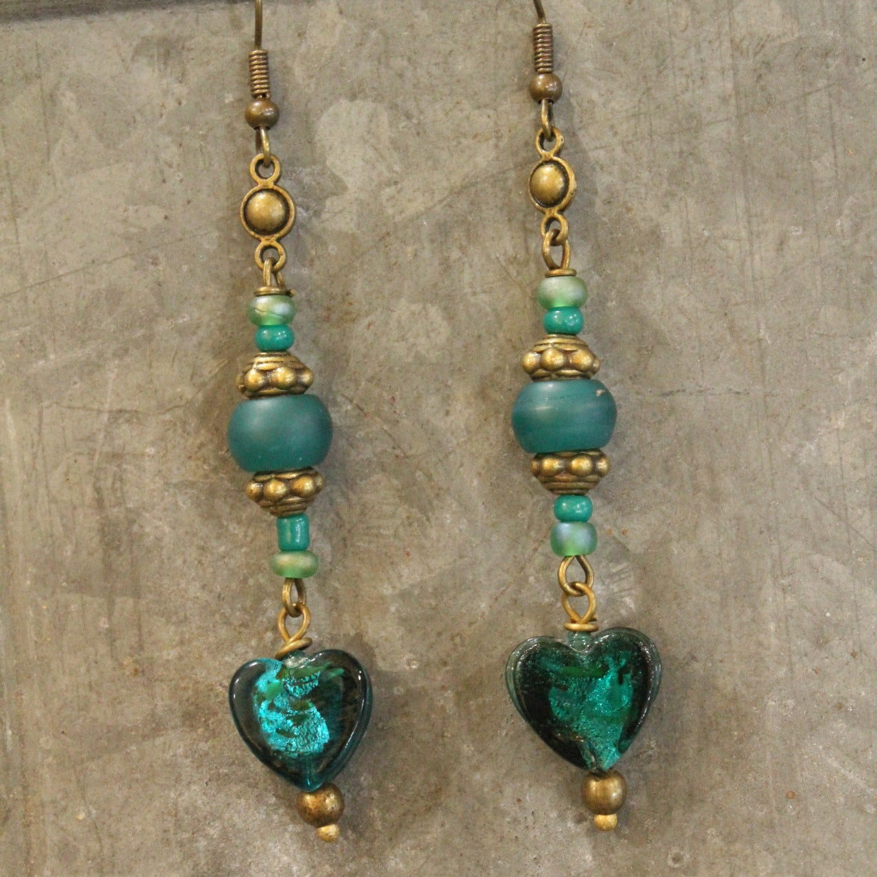 Vintage Glass Teal Heart Dangle Earrings