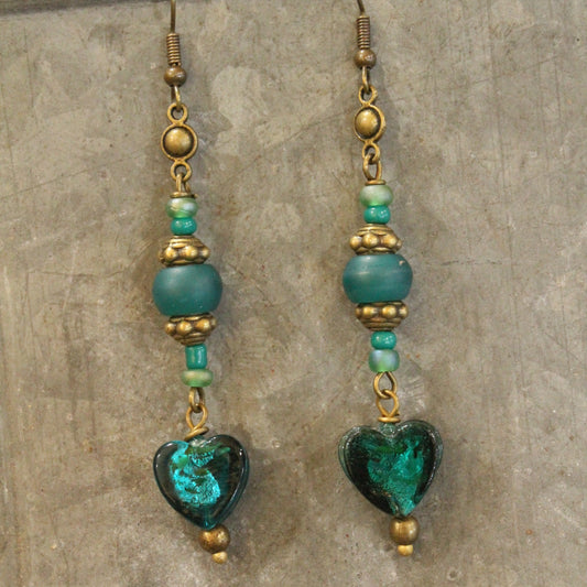 Vintage Glass Teal Heart Dangle Earrings