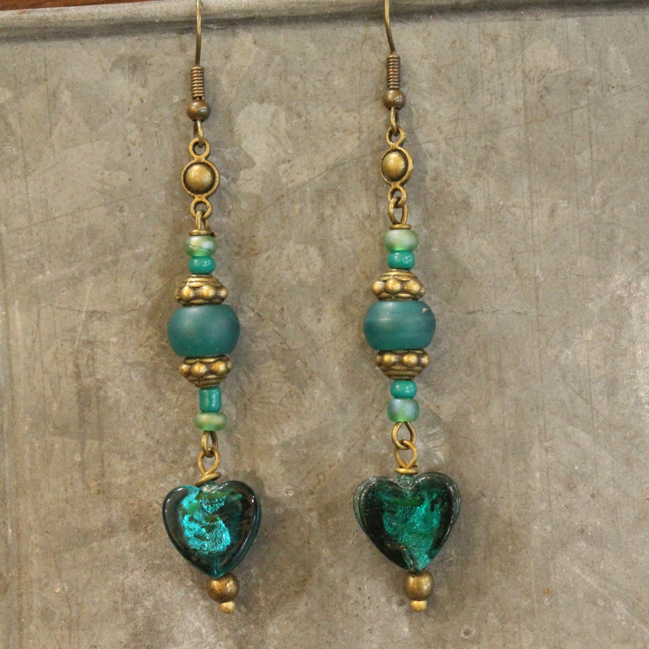 Vintage Glass Teal Heart Dangle Earrings