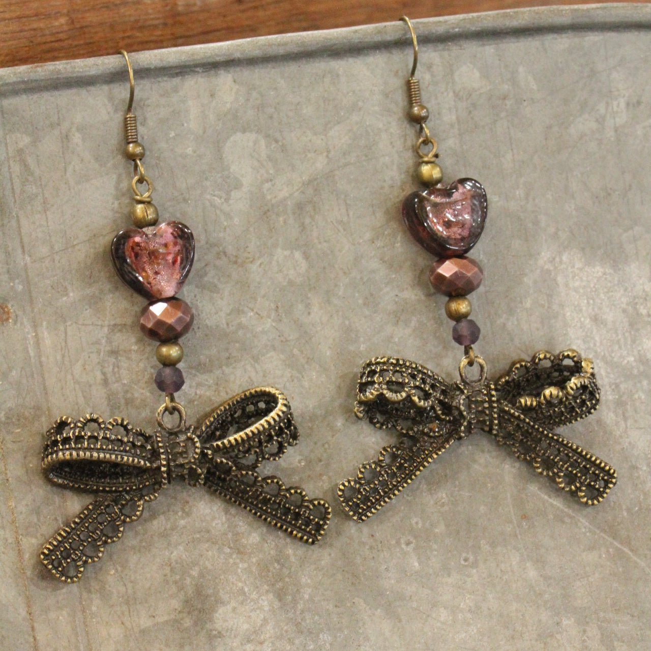 Vintage Purple Glass & Bronze Bow Drop Earrings