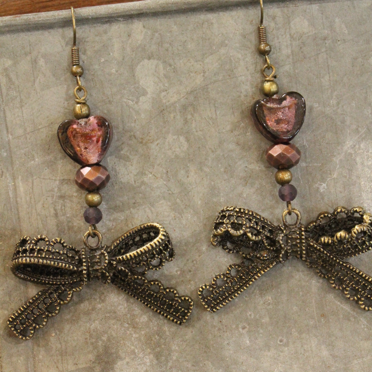 Vintage Purple Glass & Bronze Bow Drop Earrings