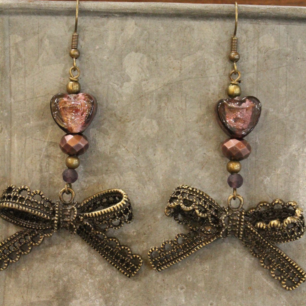 Vintage Purple Glass & Bronze Bow Drop Earrings