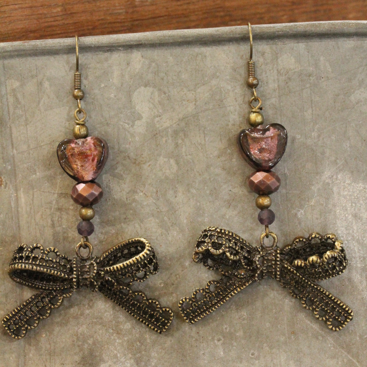 Vintage Purple Glass & Bronze Bow Drop Earrings