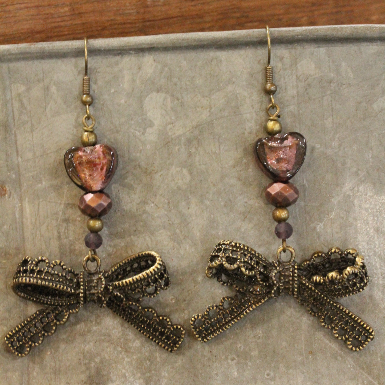 Vintage Purple Glass & Bronze Bow Drop Earrings