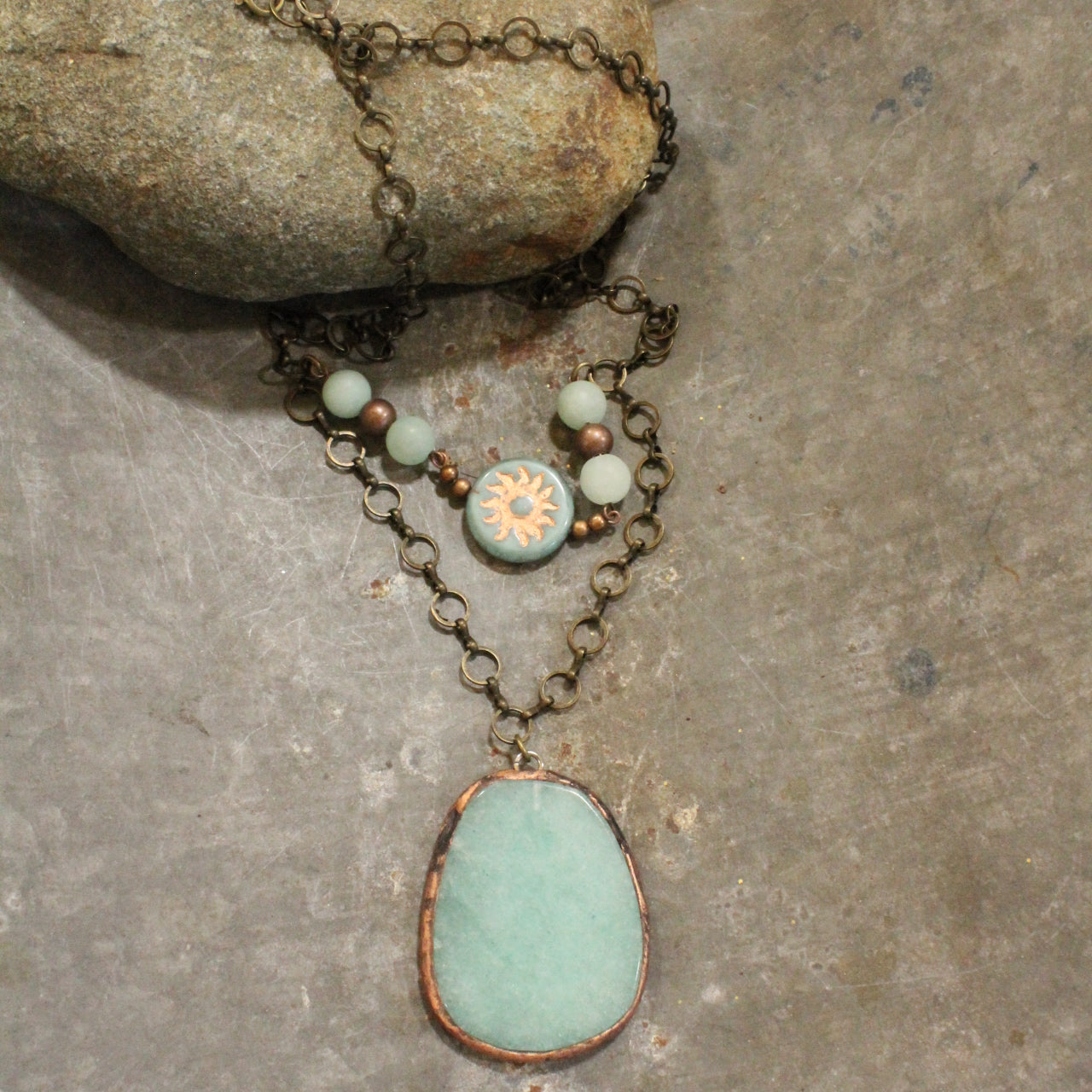 Vintage Stone Drop & Czech Glass Pendant Necklace