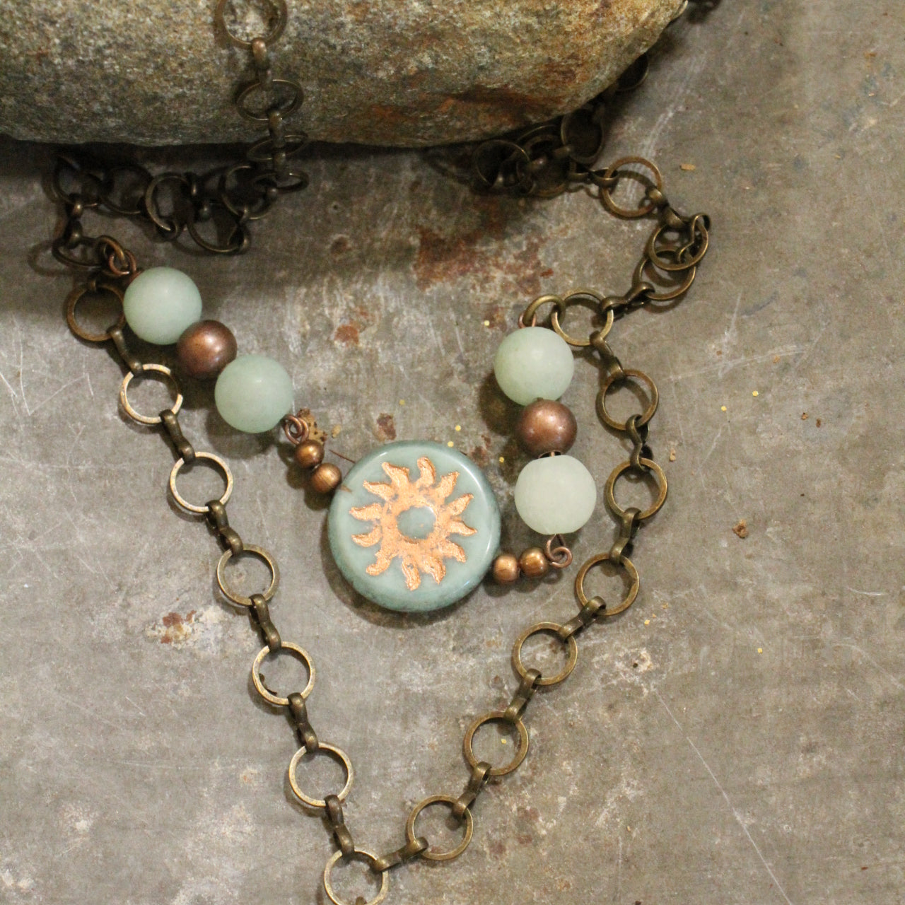 Vintage Stone Drop & Czech Glass Pendant Necklace