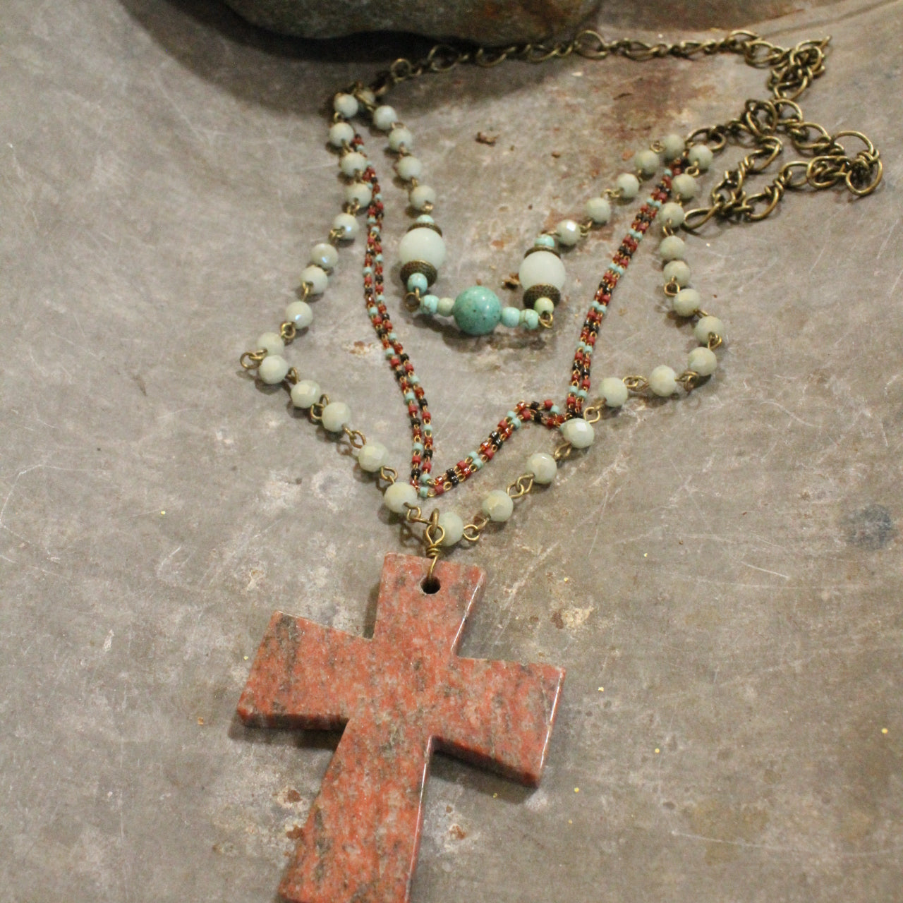 Vintage Rosary Chain Pendant Cross Layered Necklace Set