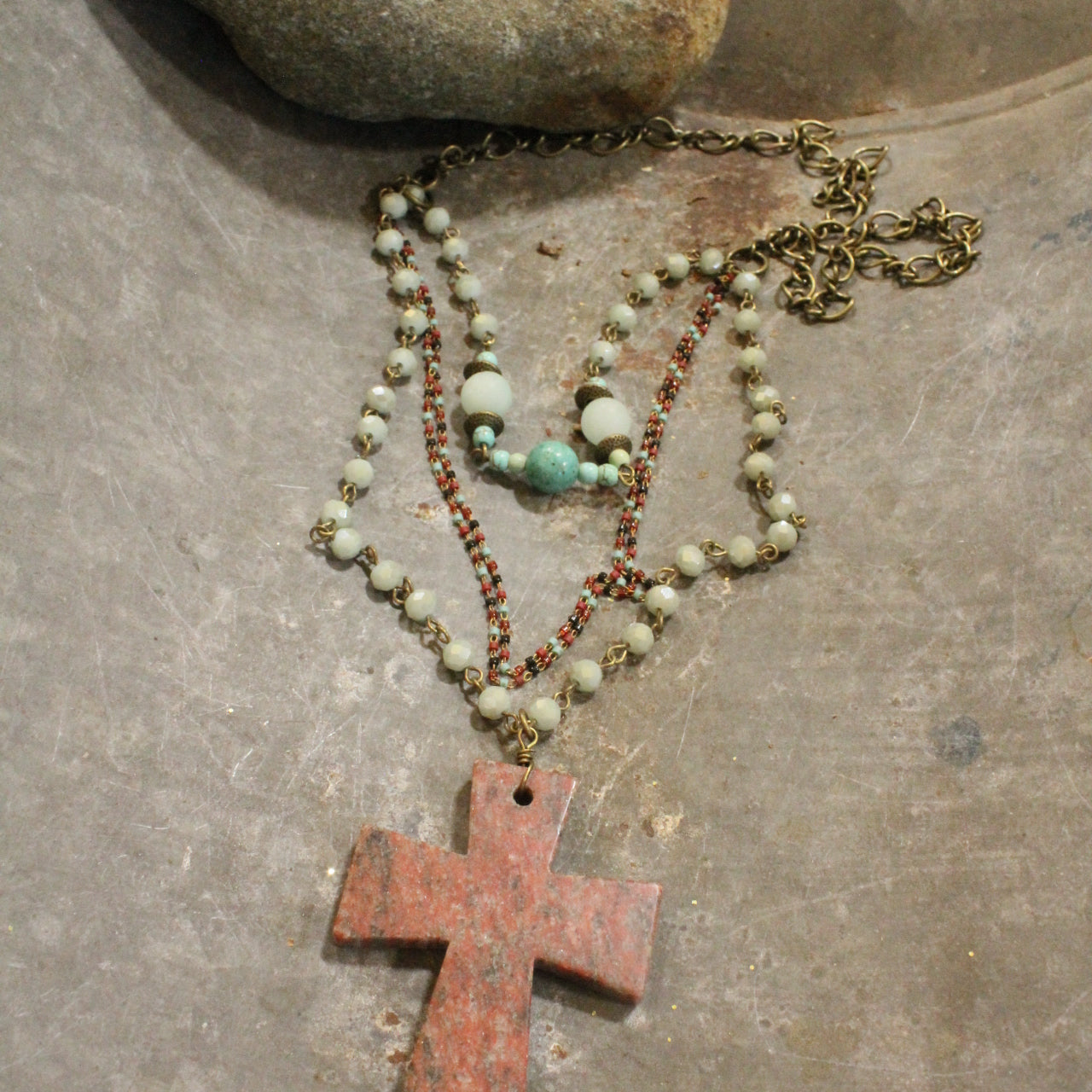 Vintage Rosary Chain Pendant Cross Layered Necklace Set