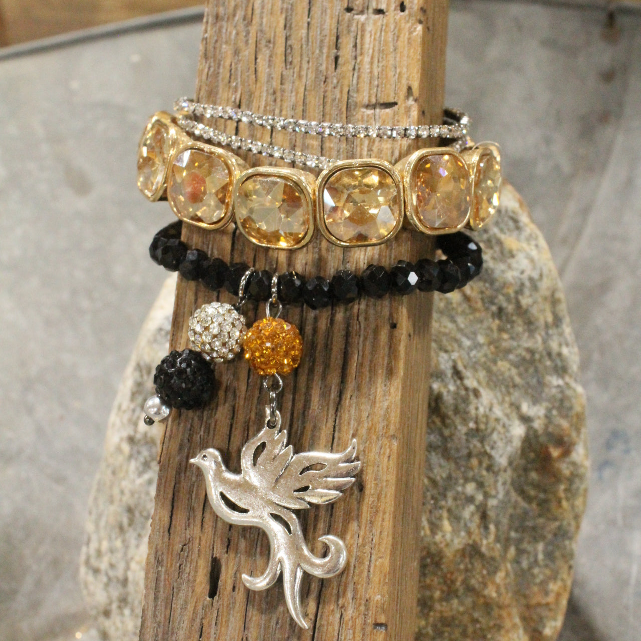 On Her Perch Golden Bird Bracelet Set