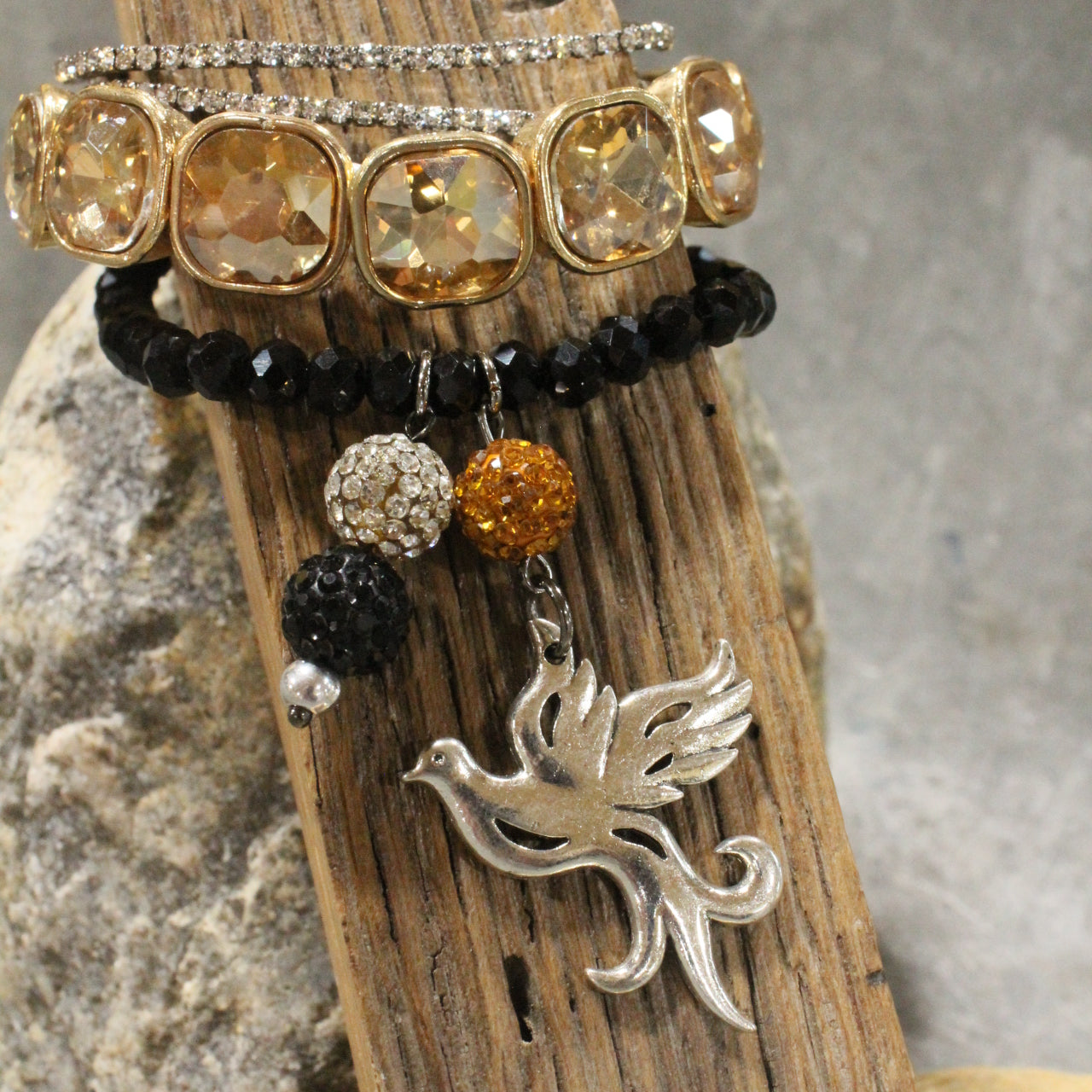 On Her Perch Golden Bird Bracelet Set