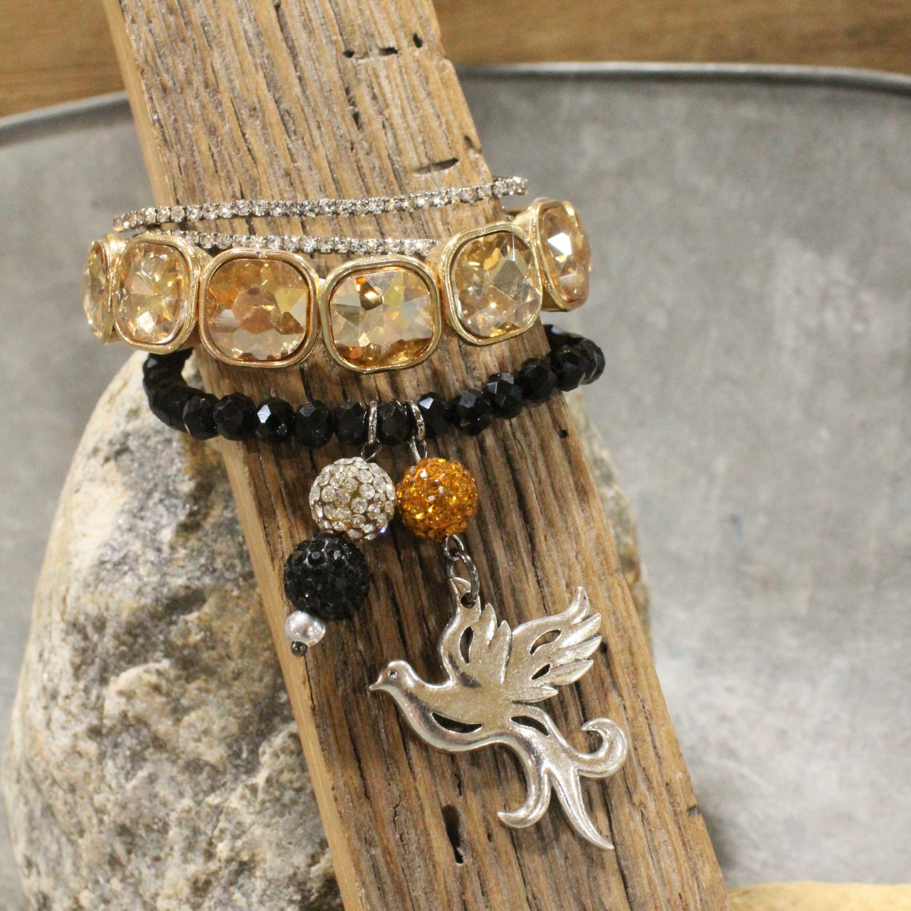 On Her Perch Golden Bird Bracelet Set