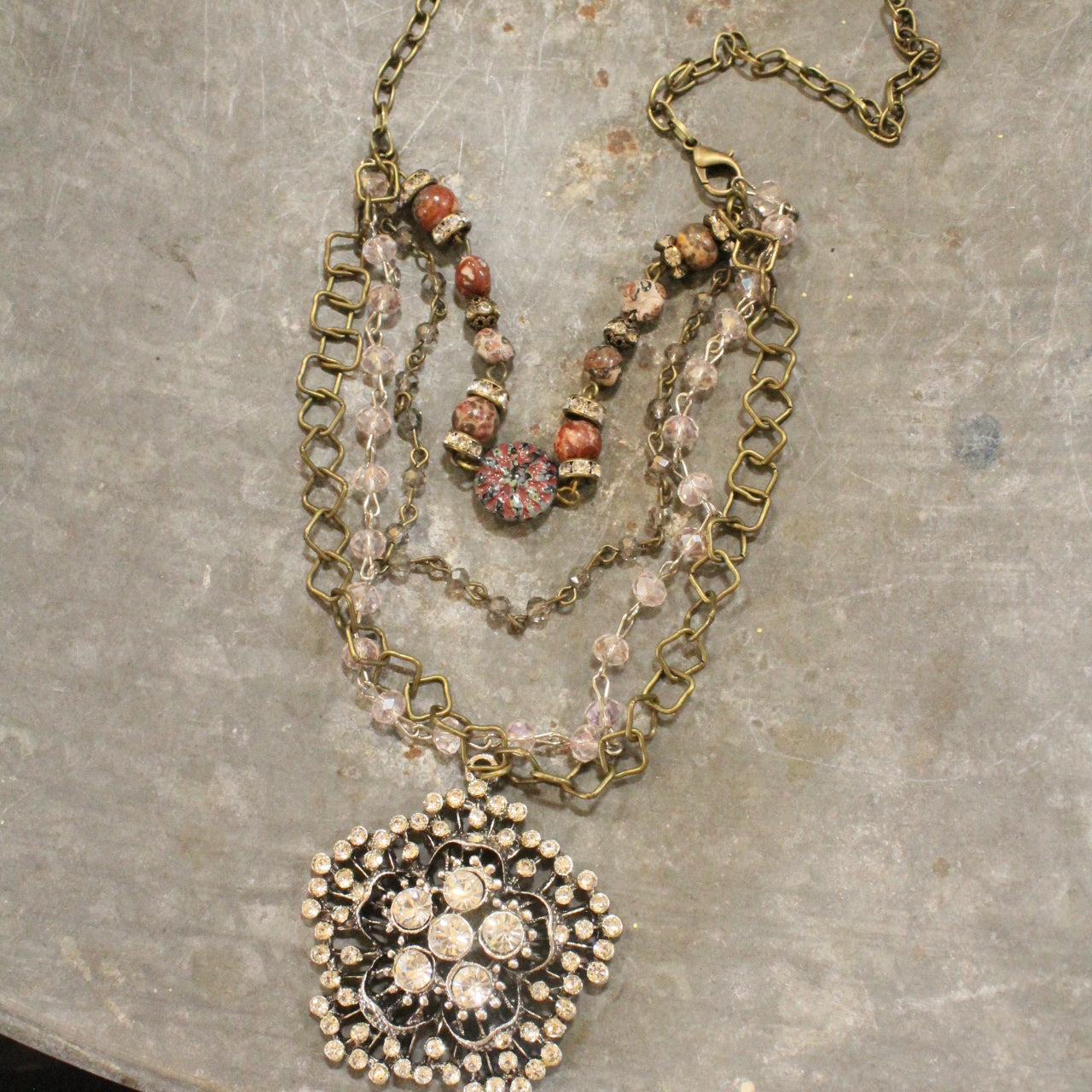 Czech Glass & Layered Rhinestone Pendant Necklace