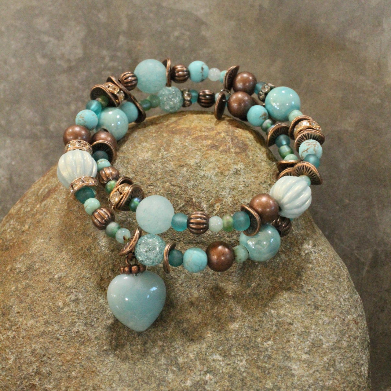 Mint & Copper Heart Wrap Bracelet