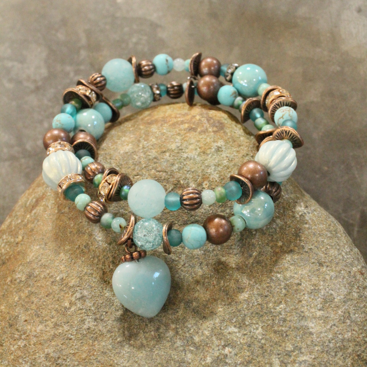 Mint & Copper Heart Wrap Bracelet