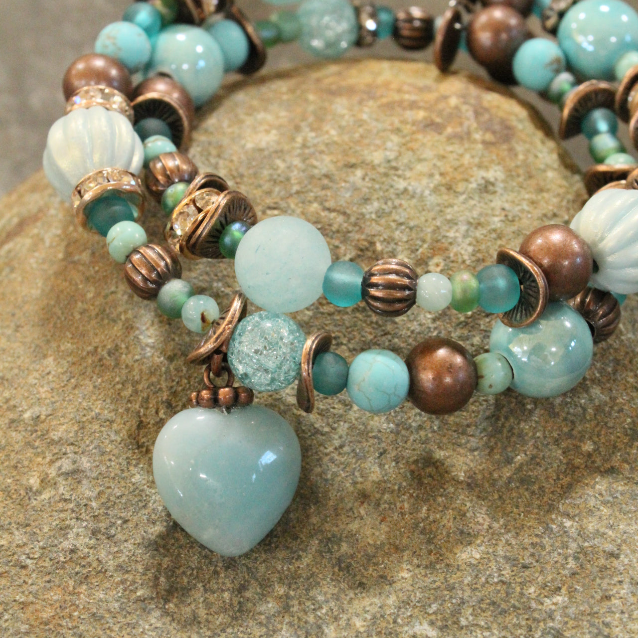 Mint & Copper Heart Wrap Bracelet