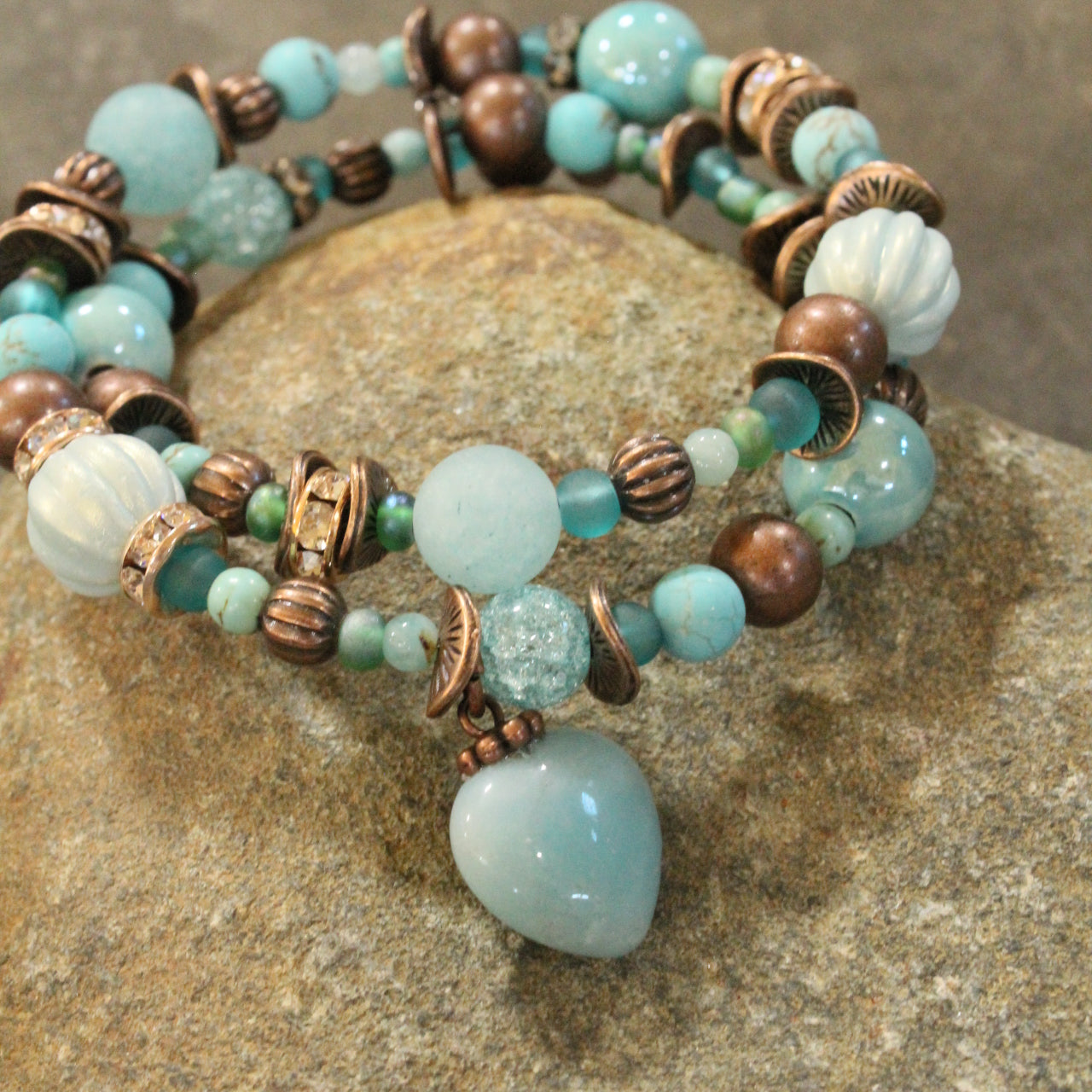 Mint & Copper Heart Wrap Bracelet