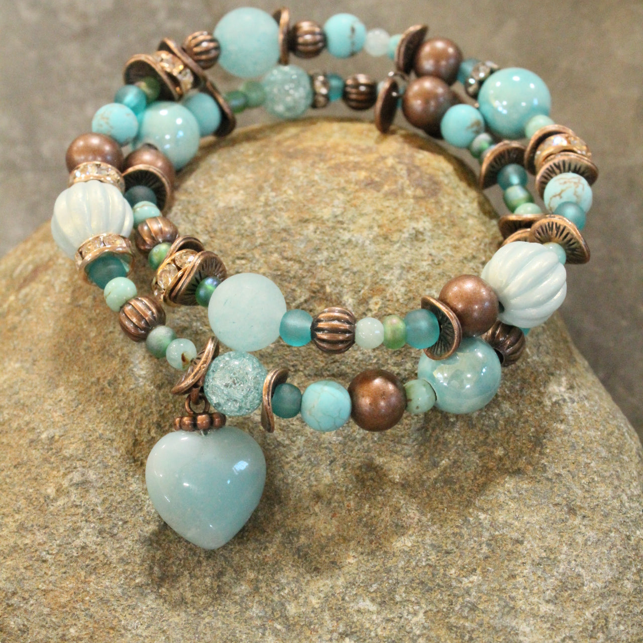 Mint & Copper Heart Wrap Bracelet