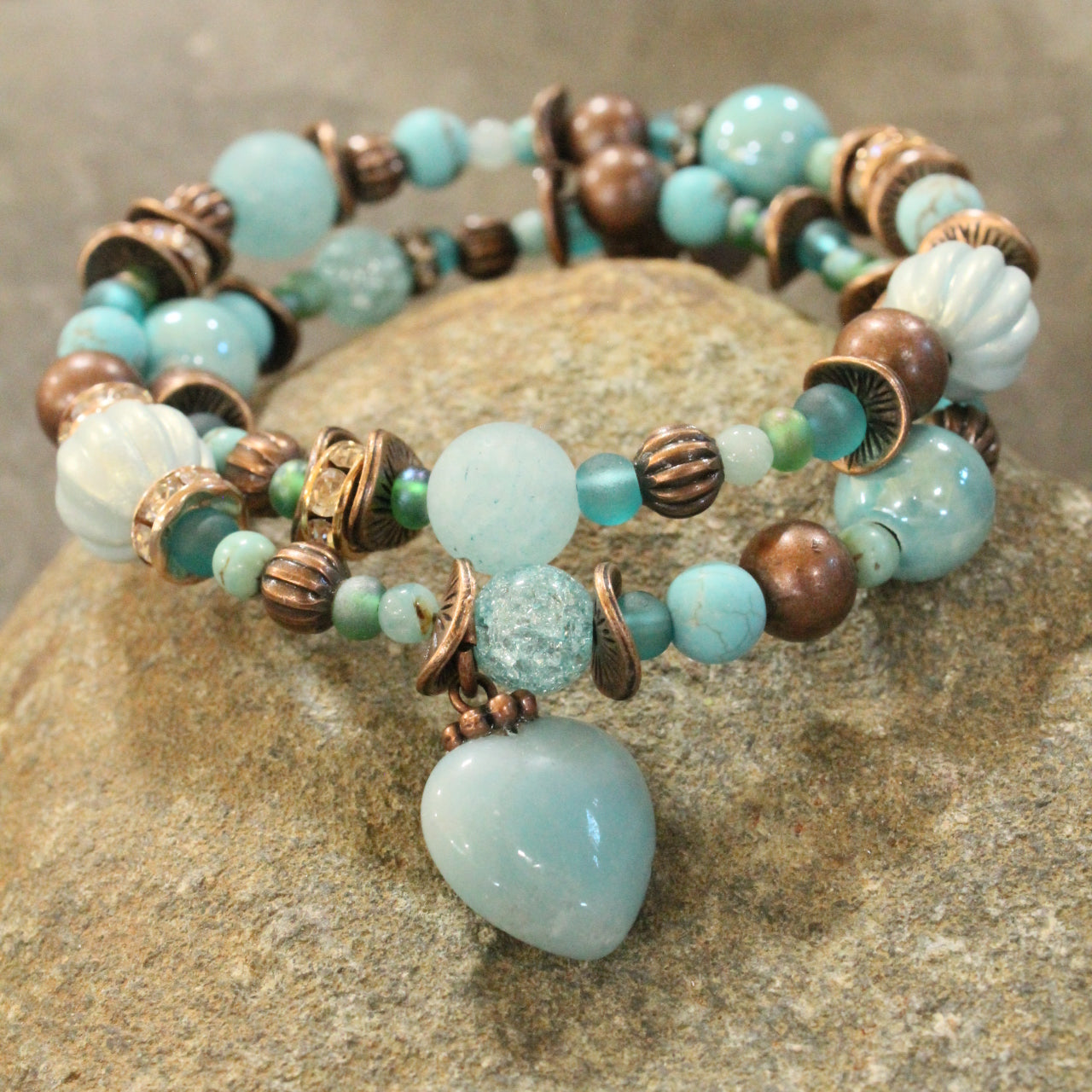 Mint & Copper Heart Wrap Bracelet