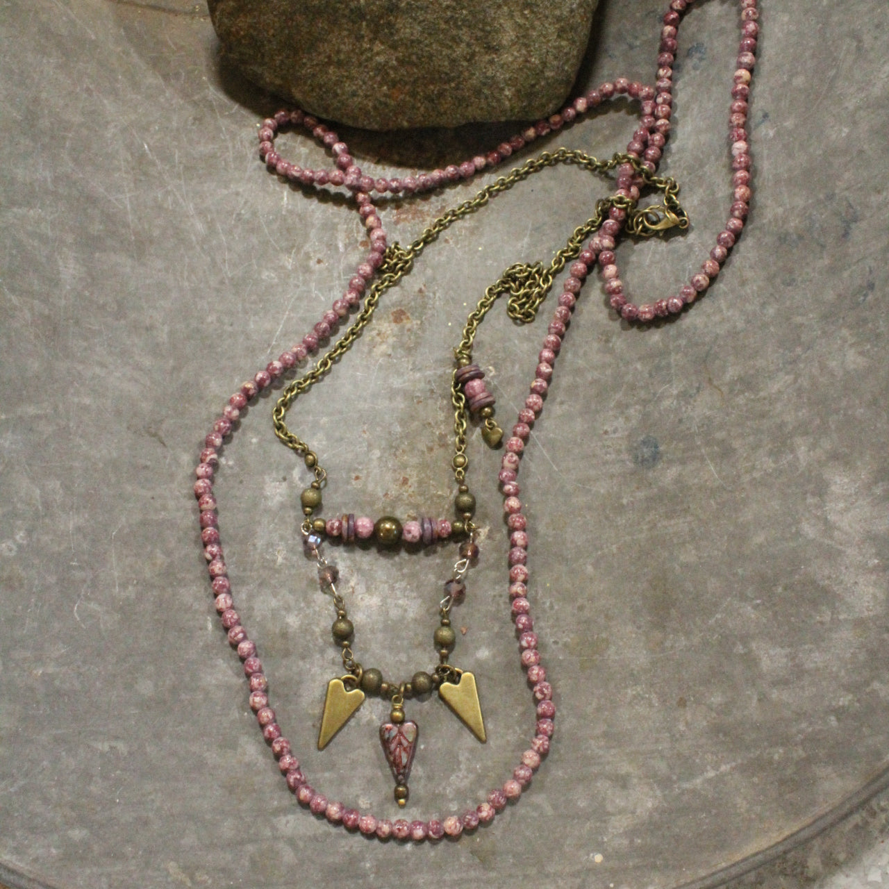 Layered With Bronze & Czech Hearts Stone Necklace Set