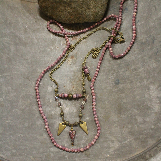 Layered With Bronze & Czech Hearts Stone Necklace Set