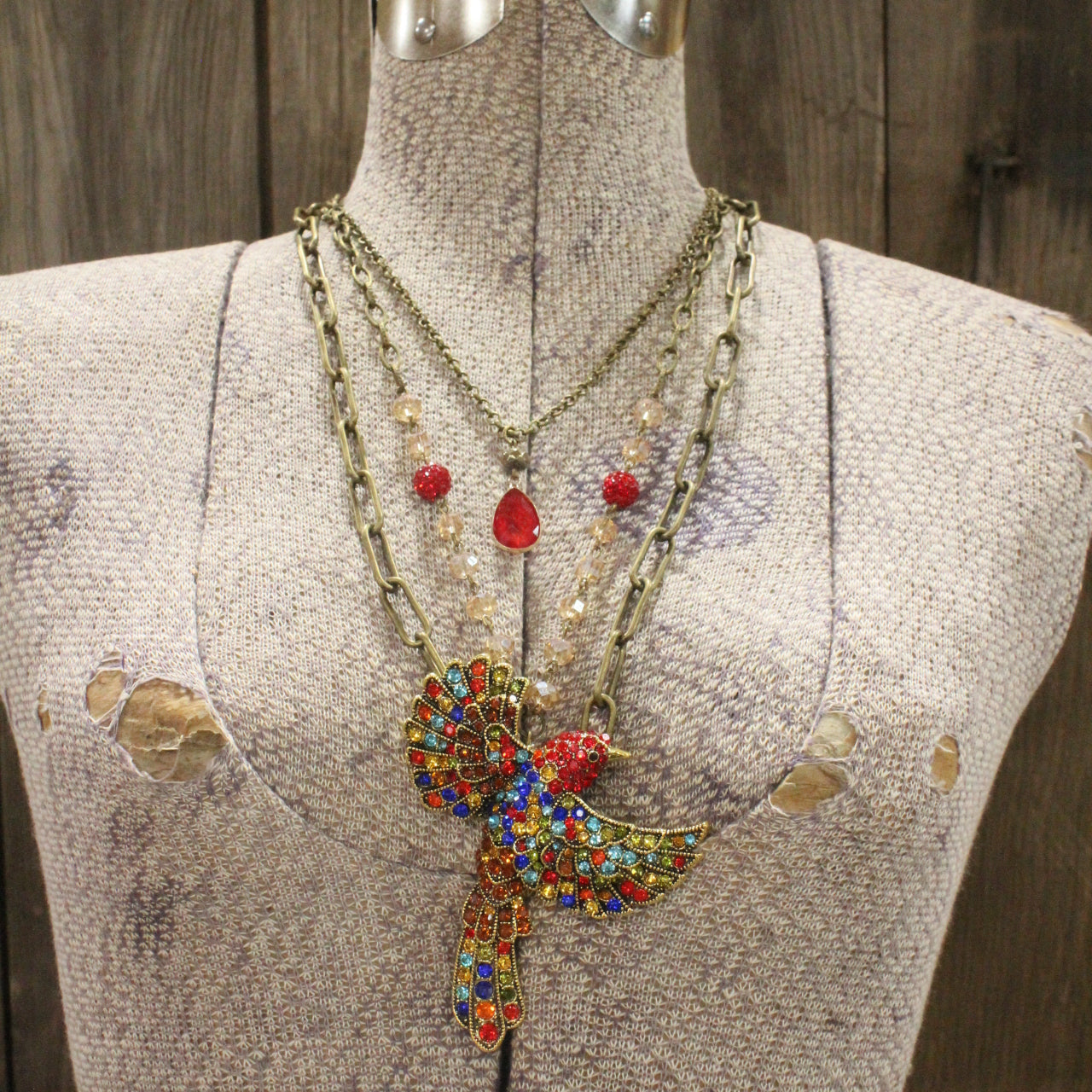 Gracefully Soaring Red Bird Layered Necklace