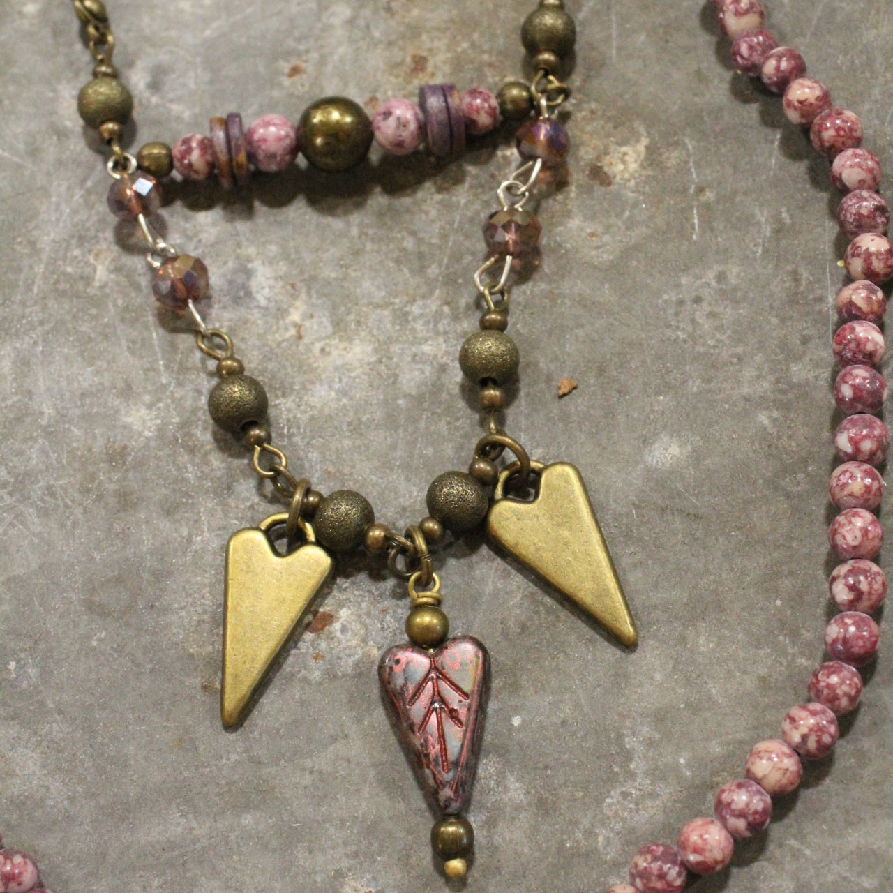 Layered With Bronze & Czech Hearts Stone Necklace Set