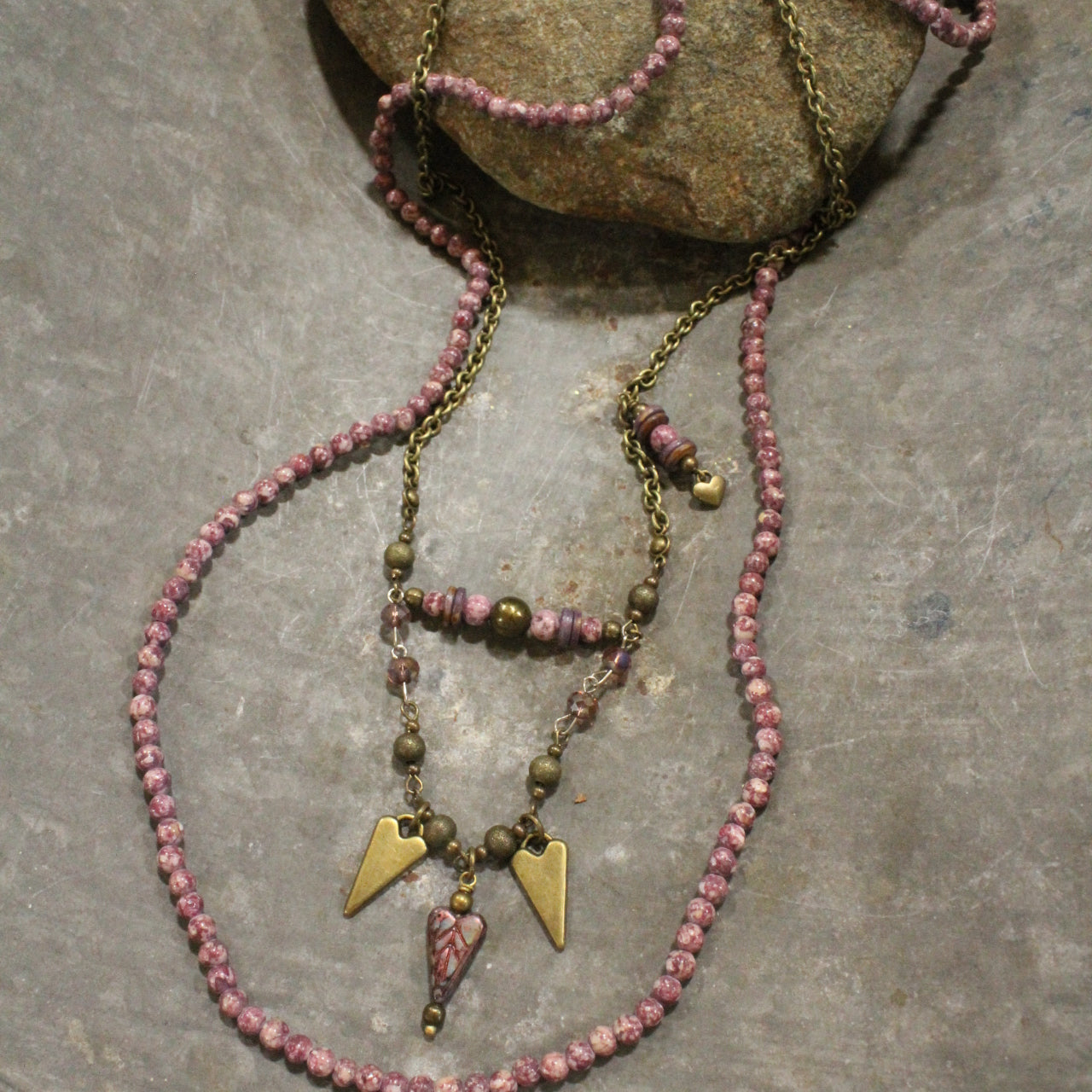 Layered With Bronze & Czech Hearts Stone Necklace Set