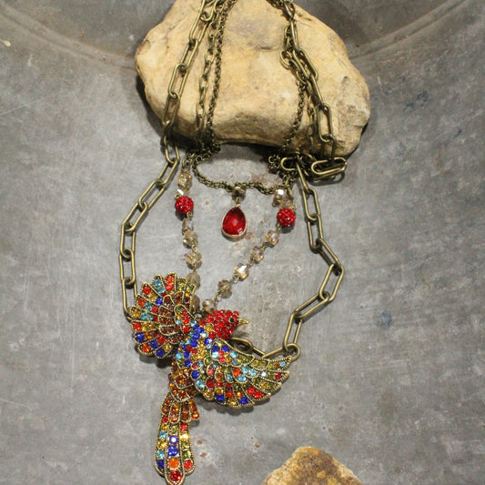 Gracefully Soaring Red Bird Layered Necklace
