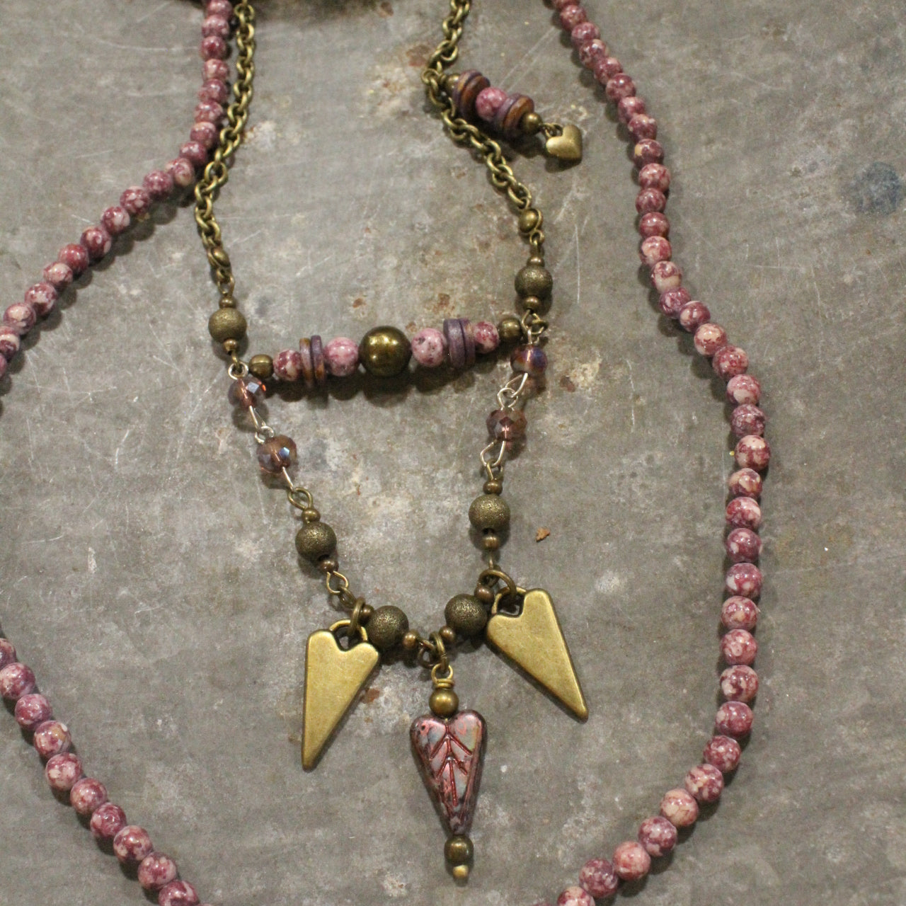 Layered With Bronze & Czech Hearts Stone Necklace Set