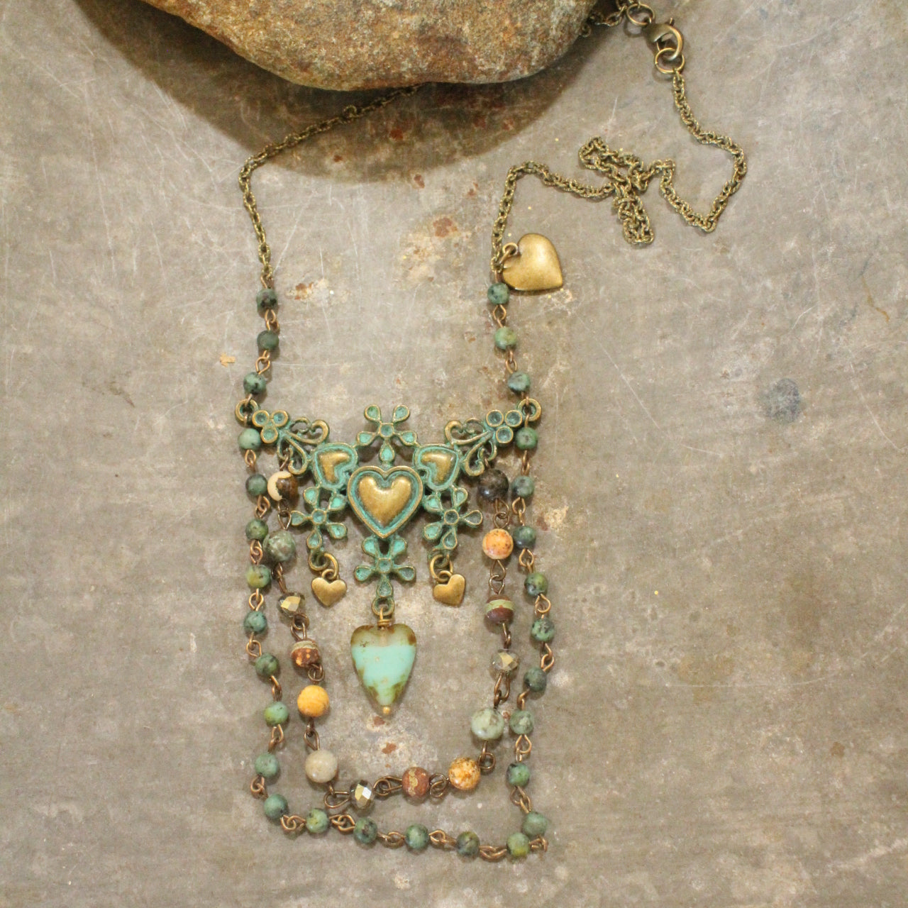 Vintage Verdigris Bronze & Czech Heart Layered Necklace