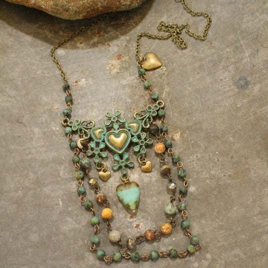 Vintage Verdigris Bronze & Czech Heart Layered Necklace