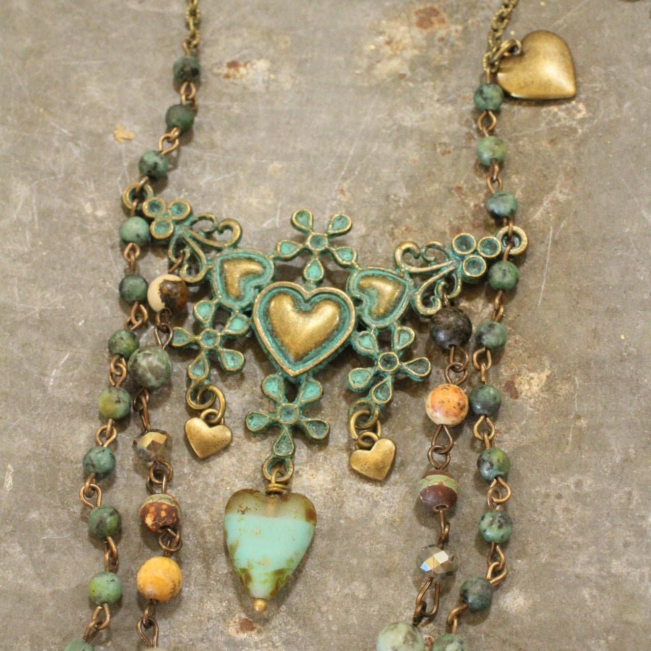 Vintage Verdigris Bronze & Czech Heart Layered Necklace