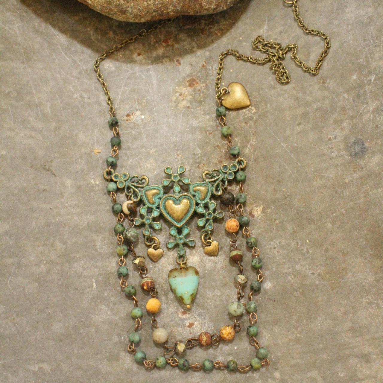 Vintage Verdigris Bronze & Czech Heart Layered Necklace