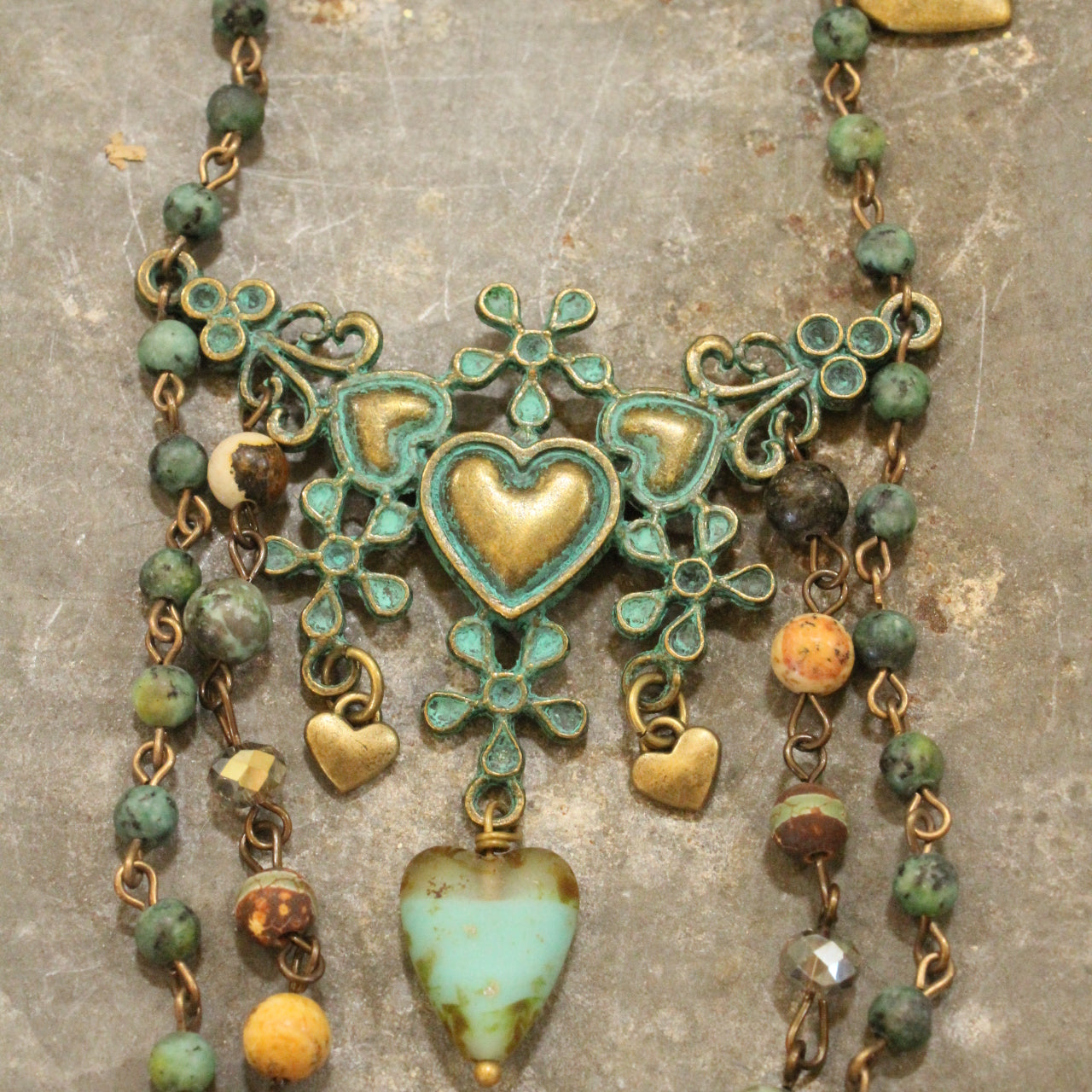 Vintage Verdigris Bronze & Czech Heart Layered Necklace