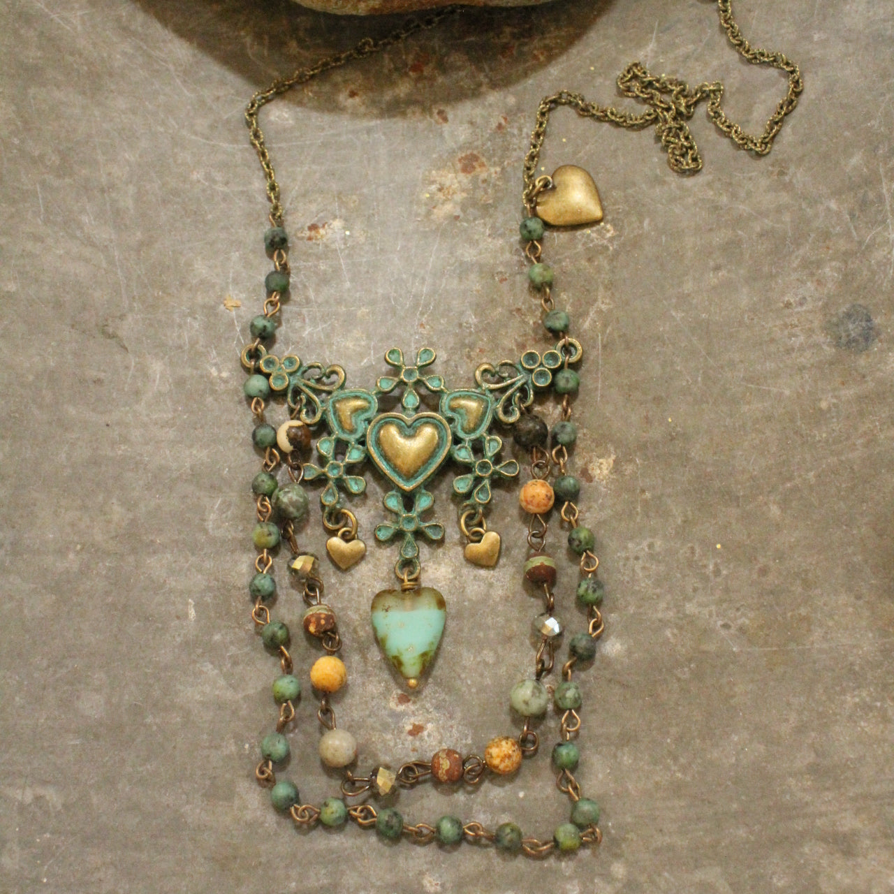 Vintage Verdigris Bronze & Czech Heart Layered Necklace