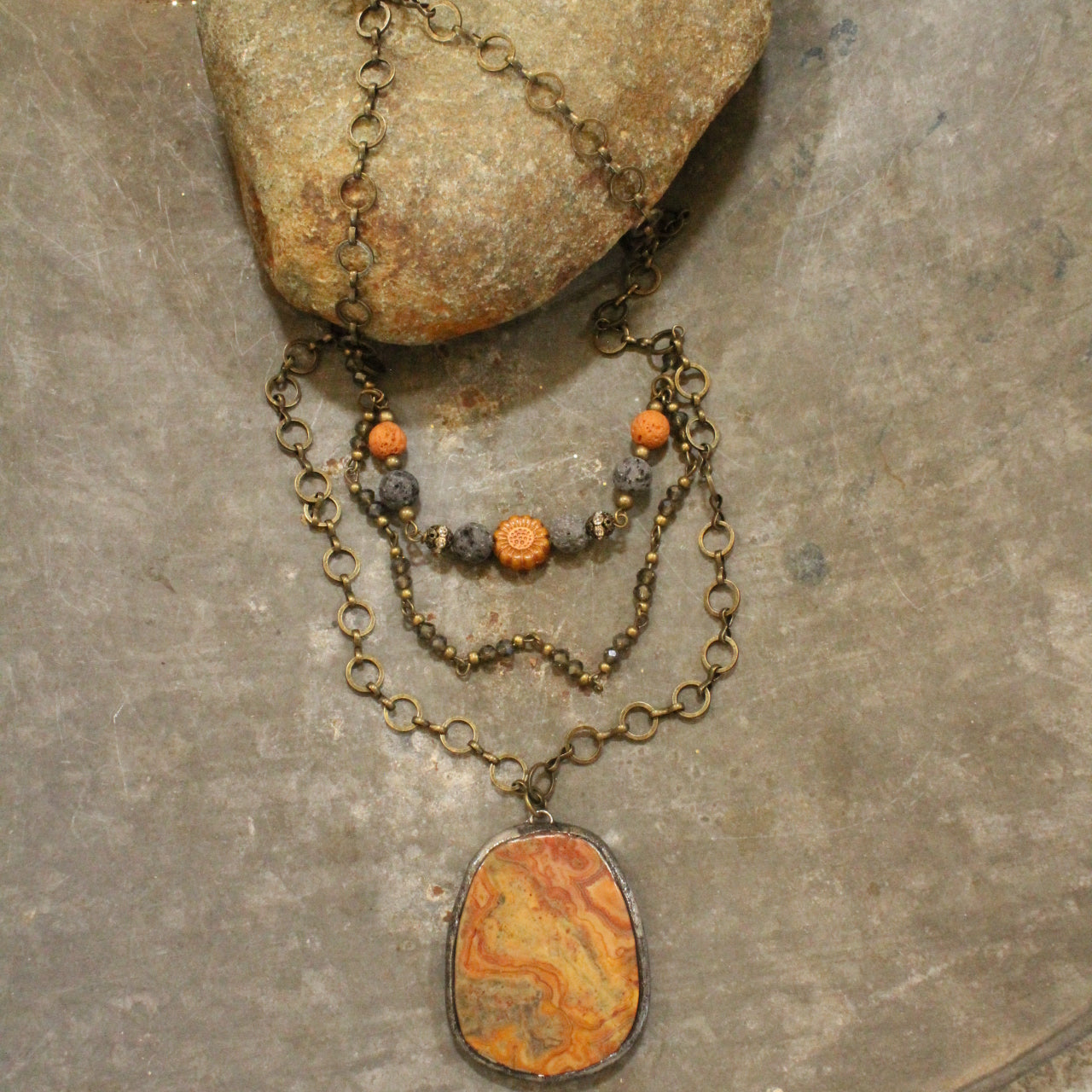 Vintage Rusty Stone Drop & Czech Glass Layered Pendant Necklace