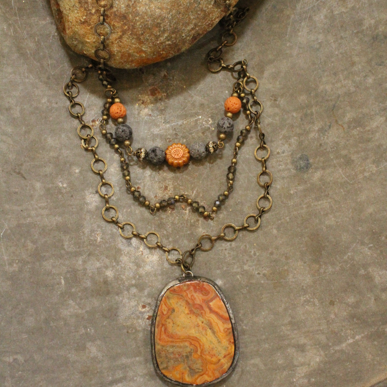 Vintage Rusty Stone Drop & Czech Glass Layered Pendant Necklace