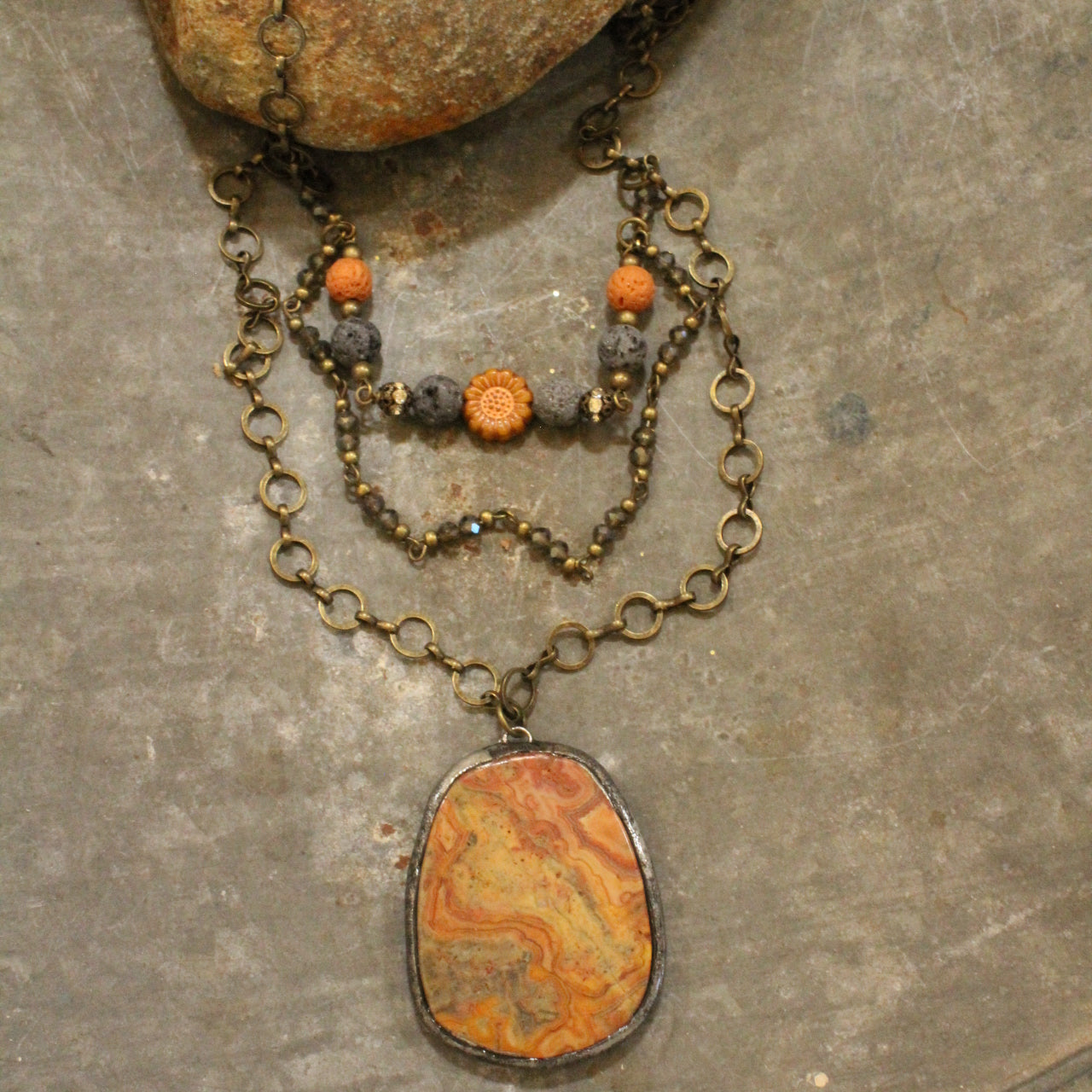 Vintage Rusty Stone Drop & Czech Glass Layered Pendant Necklace