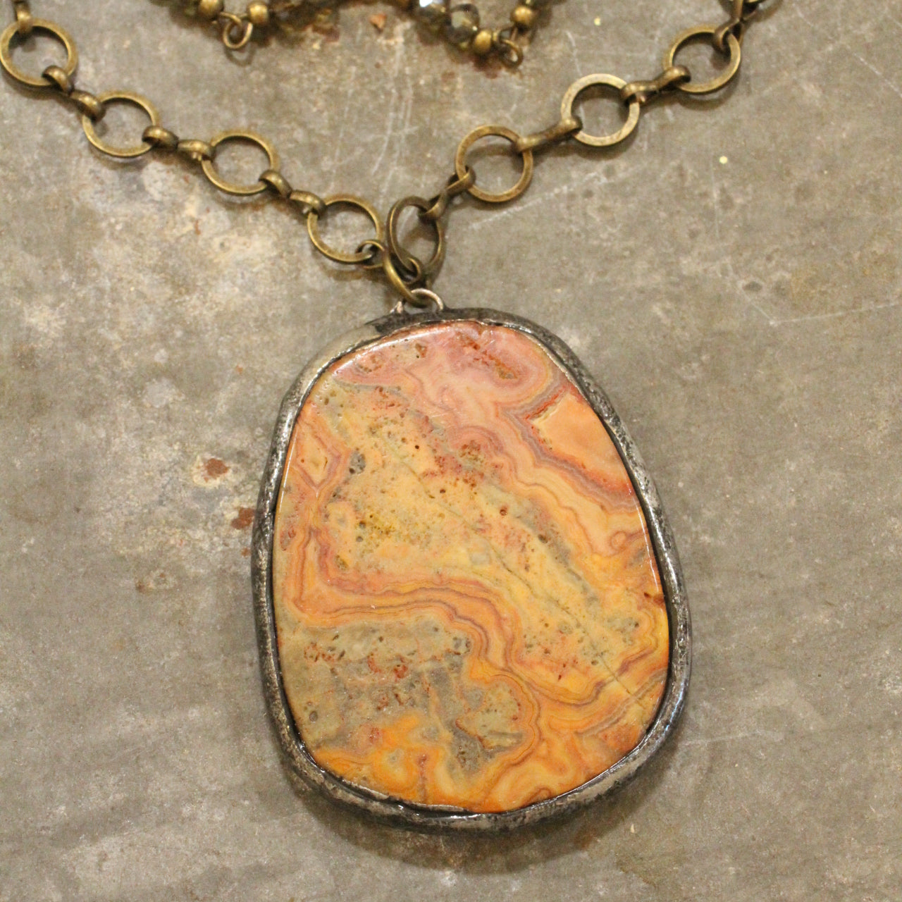 Vintage Rusty Stone Drop & Czech Glass Layered Pendant Necklace